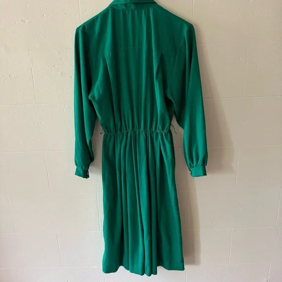 Vintage 80s | Green Classy Midi Long Sleeve Dress Gold Buttons | Size Medium - Picture 11 of 11